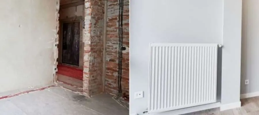 едната страна показва процес на ремонт с тухлени стени кабели другата готова със сиви стени ламинат и бял радиатор