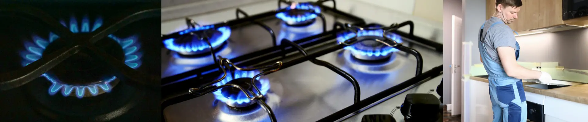 Ремонт на газови уреди Майстор със син гащеризон и газови запалени котлони