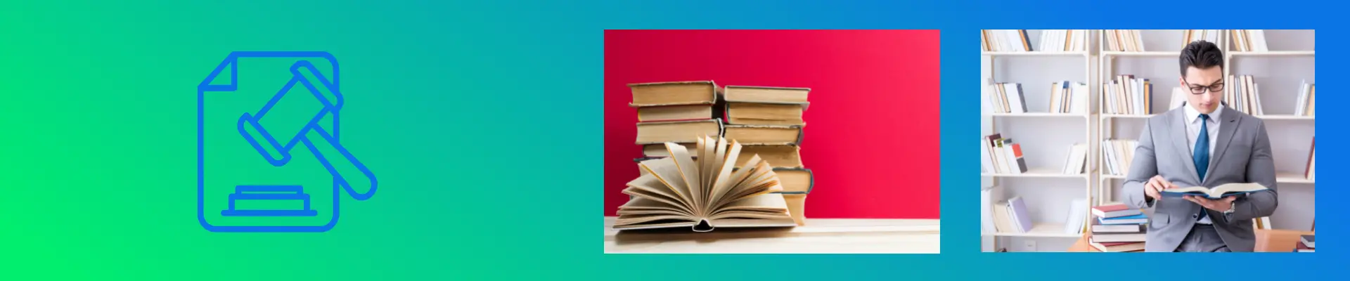 Уроци и курсове по право Млад костюмиран юрист с разтворена книга в ръце изучава право на фона на етажерки с книги