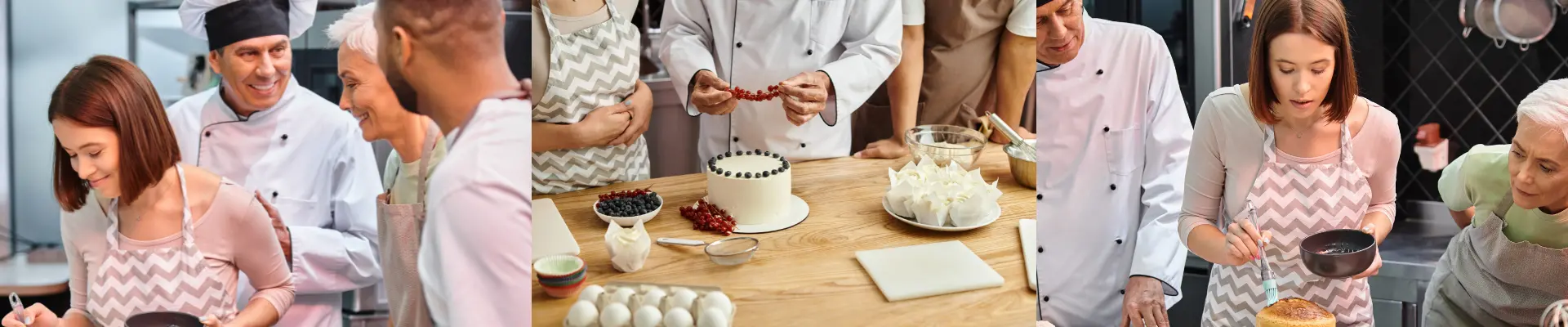 Уроци по готварство Шеф-готвач приготвя торта разговаря и напътства курсити по готварство